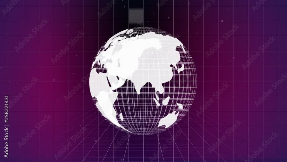 Poster front view of a 3d turning globe against white grid pattern
