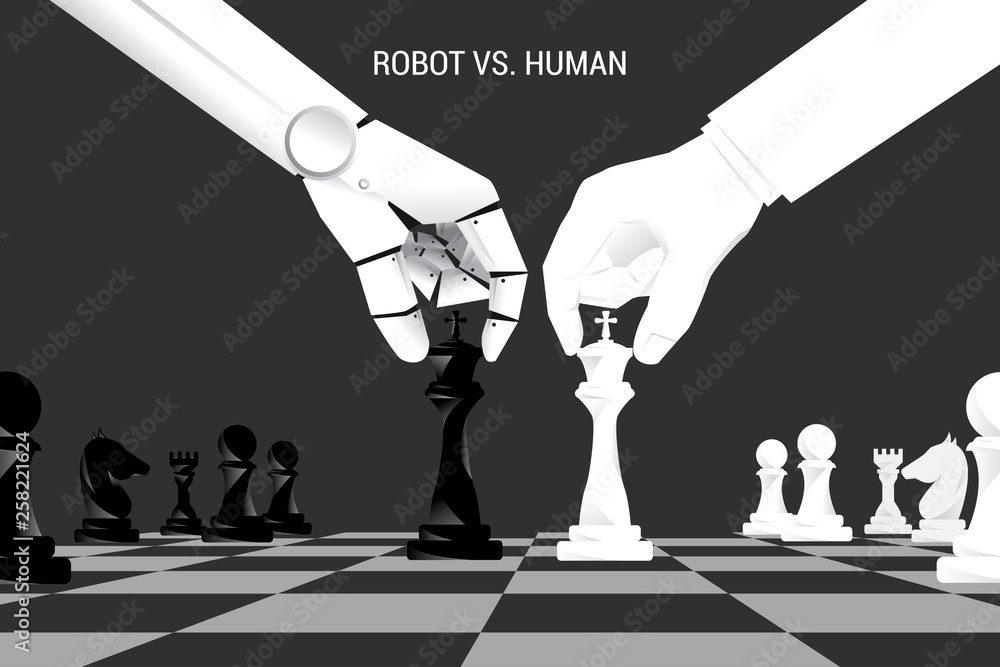 Poster Robot and human hand move chess on board. Business concept for machine learning and a.i artificial intelligence.human vs. robot.