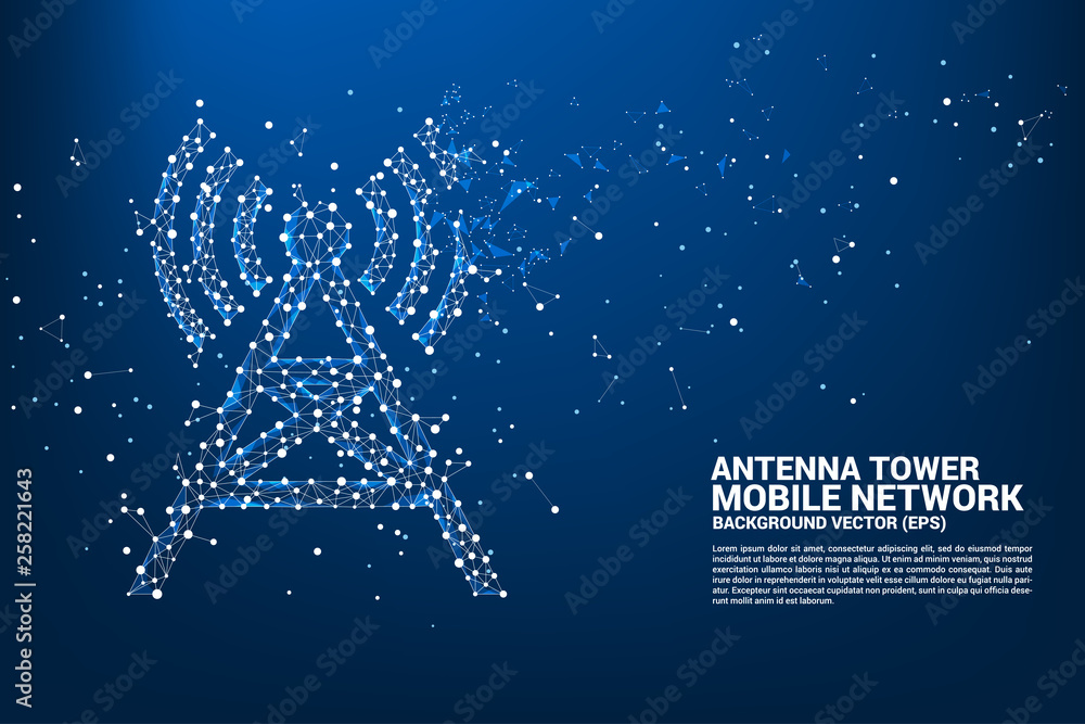 Poster Antenna Tower icon polygon style from dot and line connection. Concept of telecommunication mobile and data technology