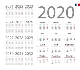French Calendar for 2020. Week starts on Monday