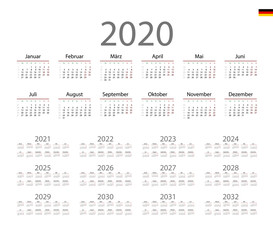 German Calendar for 2020. Week starts on Monday