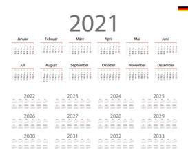 German Calendar for 2021. Week starts on Monday