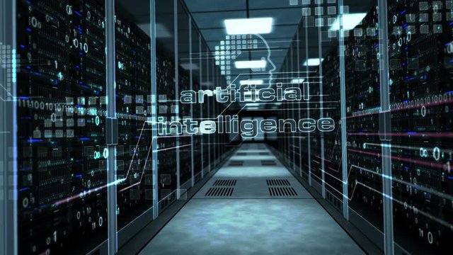 Artificial intelligence and deep machine learning concept with ai head shape on glass door in server room. Camera rises in the corridor with working computer racks. Abstract 3D animation.