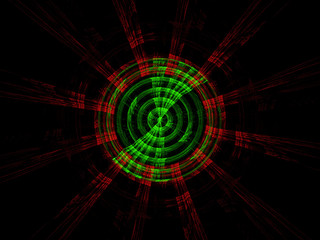 Abstract Background Image, Graphic Illustration Artistic Resource, Lines and Symmetrical Patterns, Glowing Neon Colors. Colorful Repeating Circular Disc Shaped Patterns, Modern Fractal Digital Art.