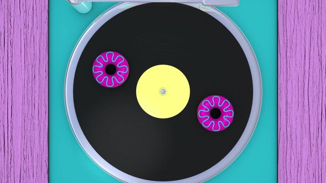 Contemporary art of gramophone with vinyl record and donuts. Looped 3D animation.