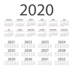 Fototapeta na wymiar English calendar for years 2020-2032, week starts on Sunday