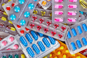 Drug prescription for treatment medication. Pharmaceutical medicament, cure in container for...