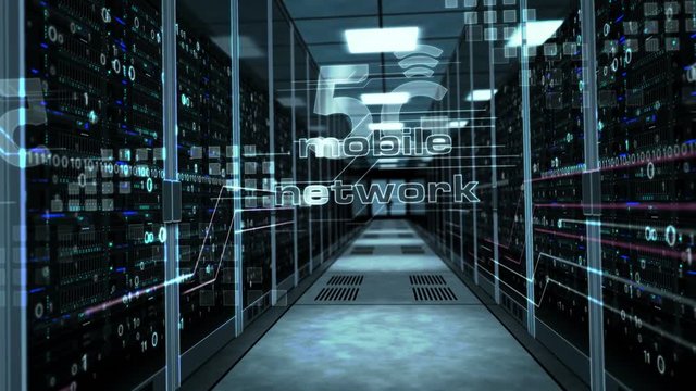 5G network - 5th generation of cellular mobile communications. Camera rises in the corridor with high speed wireless phone network symbol on glass in server room. Abstract 3D animation.