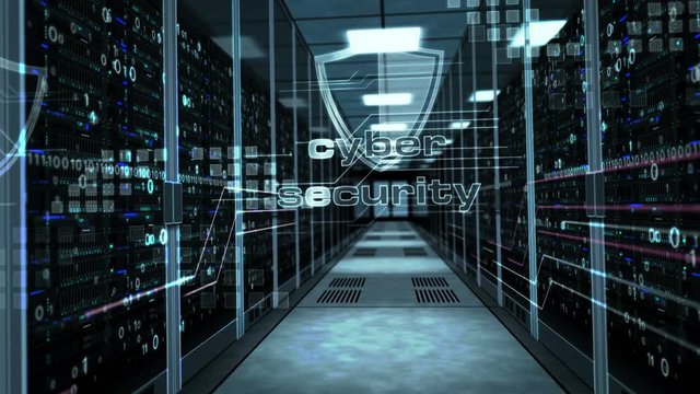 Cyber security with shield symbol on glass door in server room. Camera rises in the corridor with working computer racks. Digital protection 3D abstract concept animation.