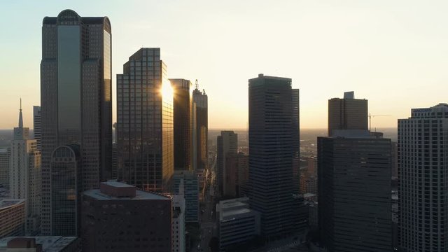 4K Dallas City Downtown Drone Aerial June Summer Sunshine Reflection Building
