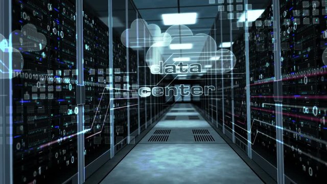 Data storage and digital computing concept with cloud symbol on glass door in server room. Camera rises in the corridor with working computer racks. 3D abstract animation.