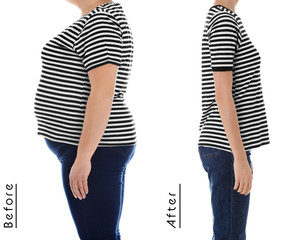 Overweight woman on white background, closeup. Weight loss