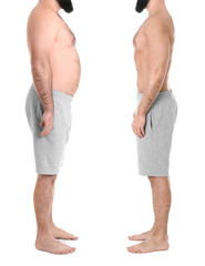 Overweight man before and after weight loss on white background, closeup