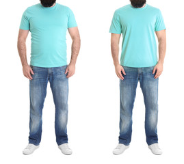 Overweight man before and after weight loss on white background, closeup