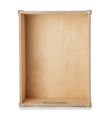 Wooden crate on white background, top view. Shipping container