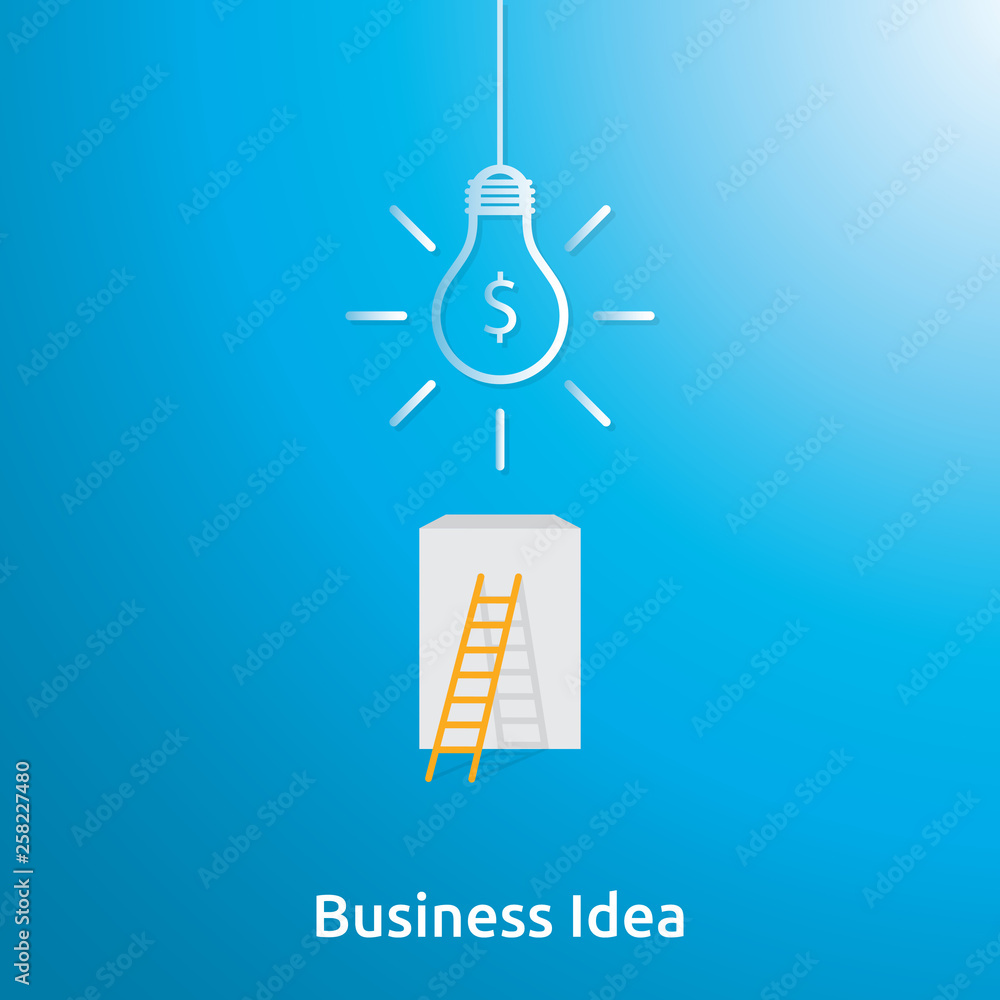 Poster business idea with light bulb and dollar coin element object. financial innovation solution concept 