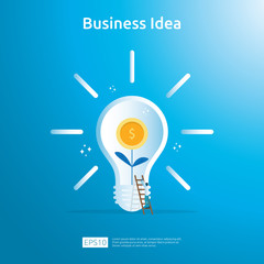 Fototapeta na wymiar business idea with light bulb and dollar coin growing plant element object. Financial innovation solution concept or investment vision opportunity with flat design. vector illustration.