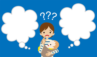 Young mother who has doubt something with two blank thought bubbles