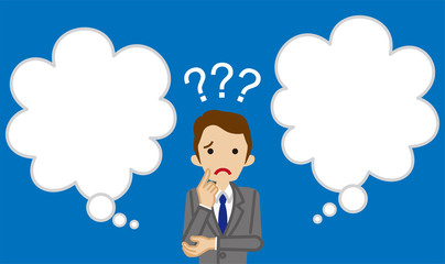 Businessman who has doubt something with two blank thought bubbles