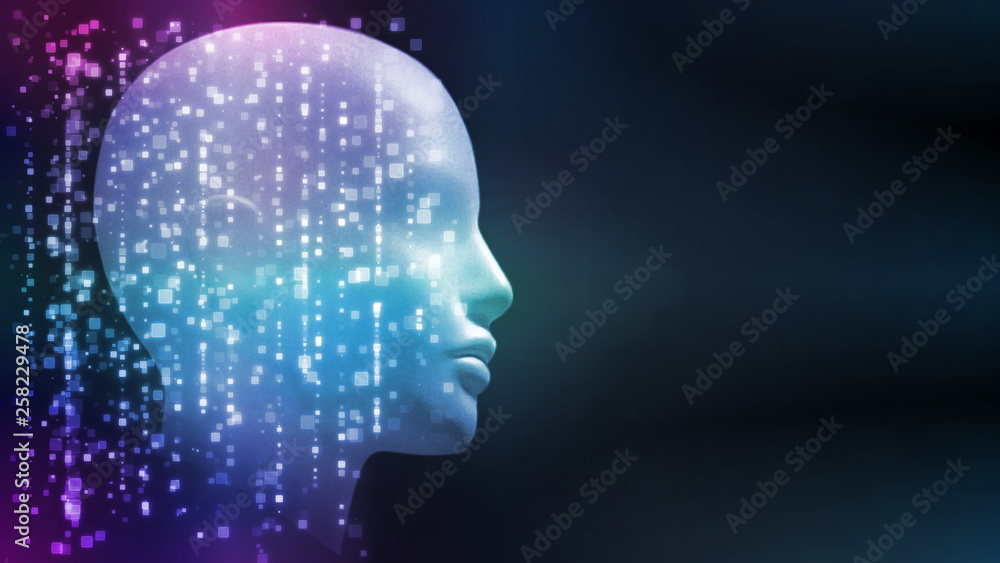 Poster 3d rendering of robot's head with abstract technology background. concept for artificial intelligenc