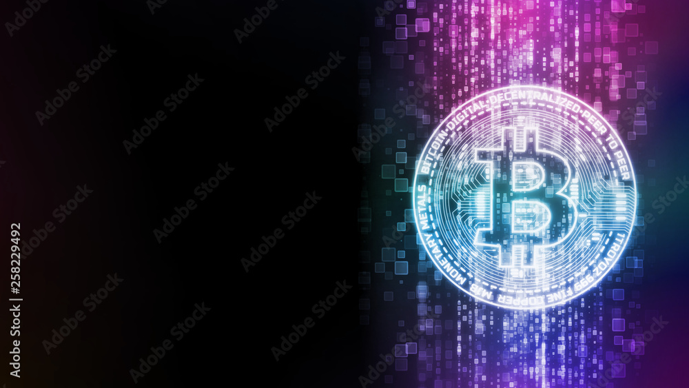Poster 3d rendering of glowing bitcoin (btc) on abstract digital data flow background. for crypto currency 