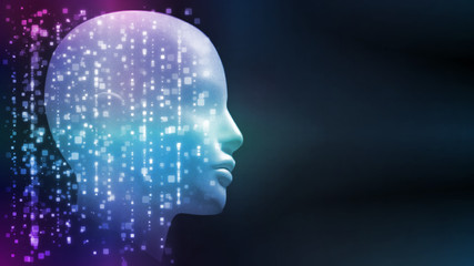 3D Rendering of robot's head with abstract technology background. Concept for Artificial intelligence, big data analysis, deep machine learning.