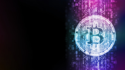 3D Rendering of glowing Bitcoin (BTC) on abstract digital data flow background. For crypto  currency market exchange promotion, news, token sales and blockchain usage.