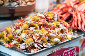 Deep-fried hard shell crabs in Wangfujing street, Beijing, China