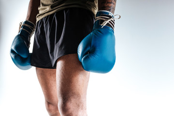 Boxers figure wearing blue boxing gloves and shorts