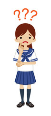 Japanese female high school student who has doubt something with three question marks -full length