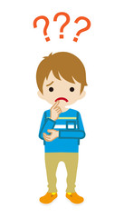 Toddler boy who has doubt something with three question marks -full length