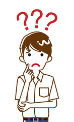 Japanese male high school student who has doubt something with three question marks -waist up, line art