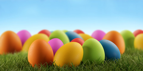 Easter eggs green grass field 3d-illustration