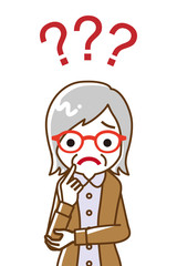 Senior woman who has doubt something with three question marks -waist up, line art