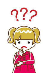 Toddler girl who has doubt something with three question marks -waist up, line art