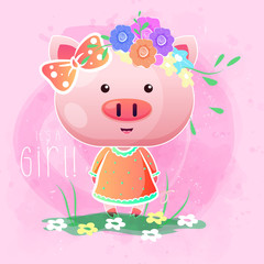 cute girl pig with flowers on the pink background. Can be used for kids/babies shirt design, fashion print design,t-shirt, kids wear,textile design,celebration card/ greeting card, invitation card
