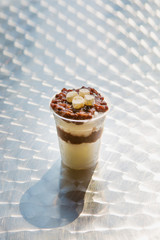 BingSu. adzuki-bean ice dessert. It''s adzuki-bean paste, milk, ice cream, sticky rice cake, fruit cocktail, and stuff like that on shaved ice.  It''s sweet and very refreshing.