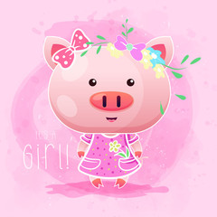Obraz na płótnie Canvas cute girl baby pig with pink background. Can be used for kids/babies shirt design, fashion print design,t-shirt, kids wear,textile design,celebration card/ greeting card, invitation card - Vector