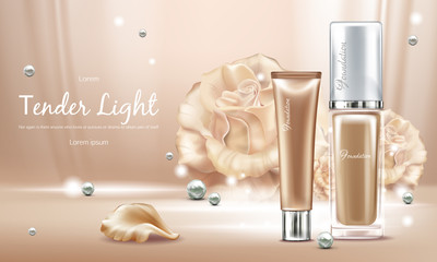 Vector 3d realistic poster with concealer, beige cosmetics product in glass package. Premium foundation with pearls for woman. Mock up, template of cosmetic isolated on background with rose