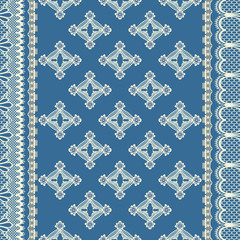 Abstract seamless pattern with delicate lacy leaves, flowers and hearts in vertical layout. Smoky blue and cream vector illustration.