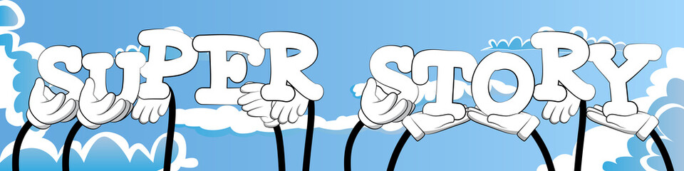 Diverse hands holding letters of the alphabet created the words Super Story. Vector illustration.