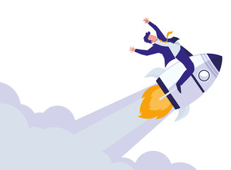 elegant businessman celebrating in rocket startup