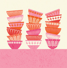 stacked colorful kitchen bowls with mid century modern designs. Vector illustration for posters, prints, greeting cards and invitations.