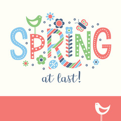 Spring doodle text design with birds, flowers and dots. Cheerful design for banners, cards, posters and decor.