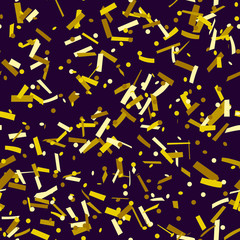 Gold confetti dots and stripes seamless pattern on dark background