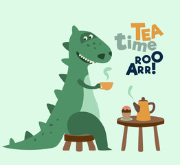 Cute dinosaur drinking tea on the table. Tea time vector concept 