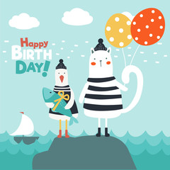Funny cat and cute seagull with fish and balloons. Happy birthday vector illustration