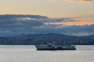 Boats in the Bosphorus at dawn. Tourism, travel.