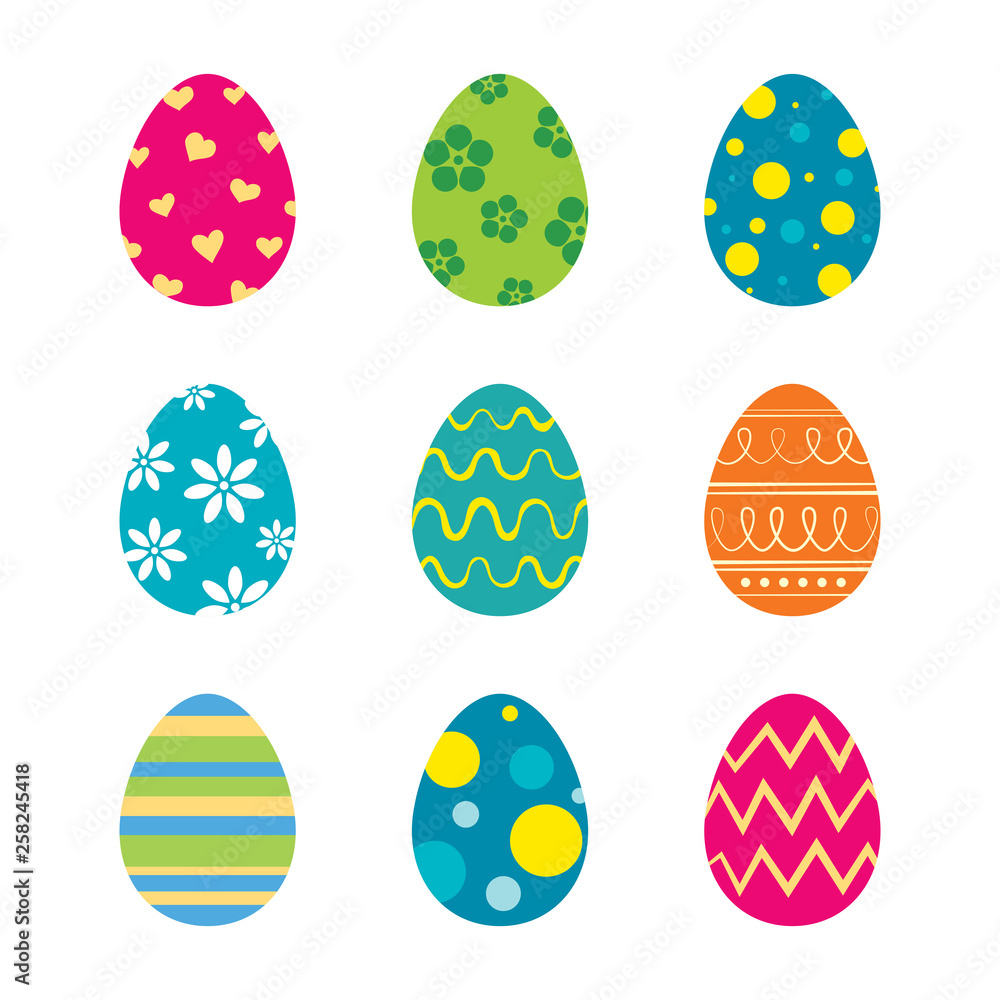 Poster set of easter eggs isolated in white background. vector modern new design with different colors and 