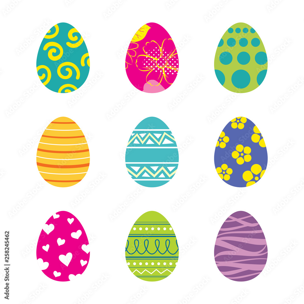 Poster set of easter eggs isolated in white background. vector modern new design with different colors and 